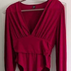 SHEIN Deep Red V-Neck Bodysuit